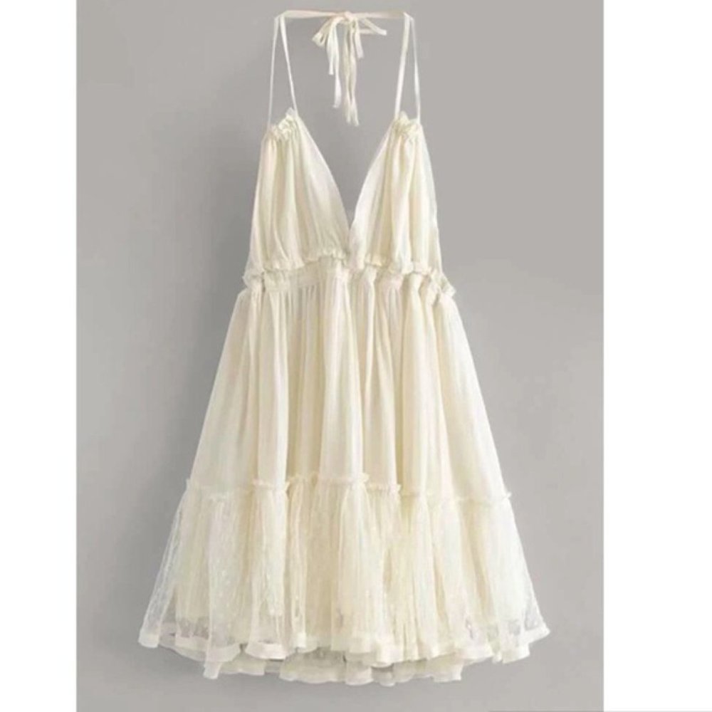 New Backless Boho Mini Dress Halter Tie Layered Swiss Dot Babydoll - Picture 3 of 12